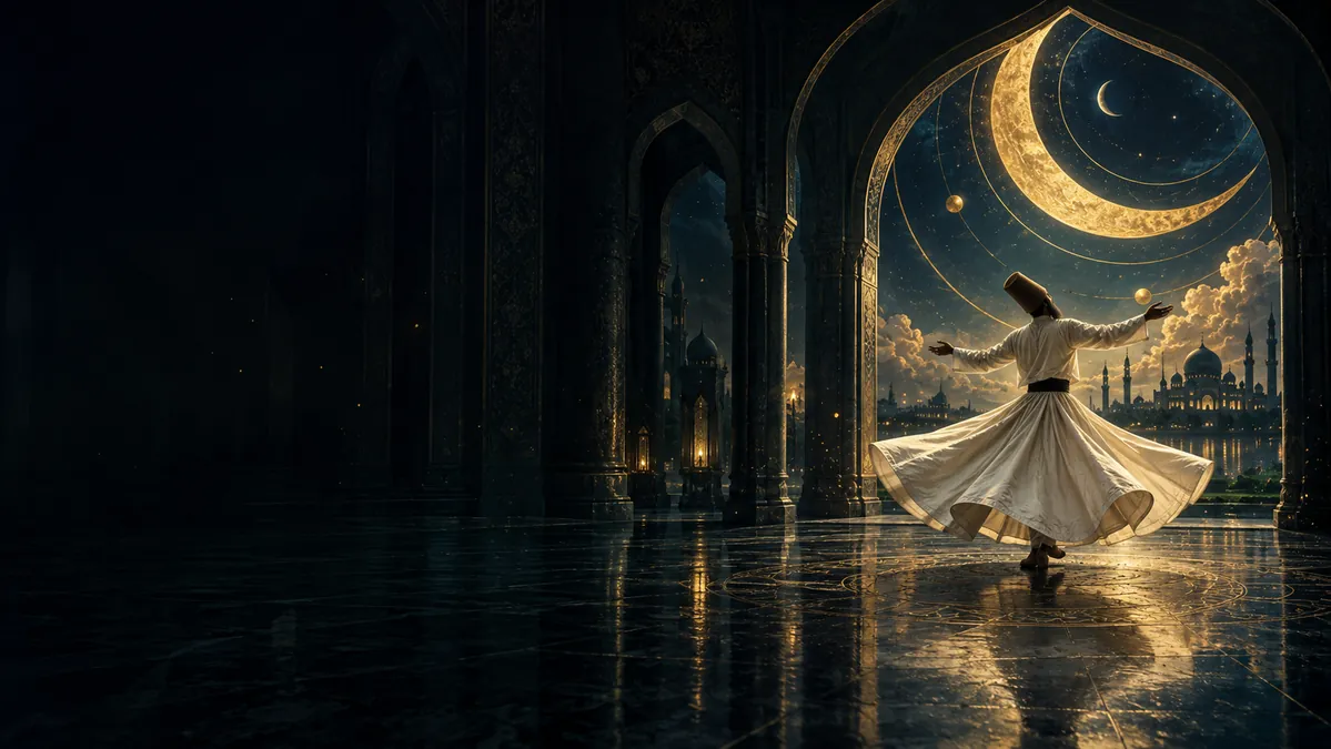A whirling dervish beneath a gold crescent and illuminated arches