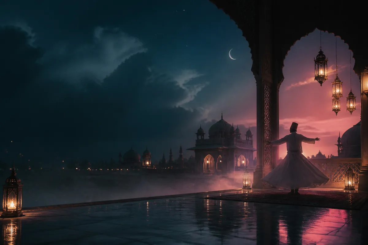 A whirling figure in a lantern-lit courtyard